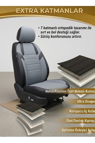 Monza Gri Siyah Serisi Üniversal Oto Koltuk Kılıfı Ön Arka Koltuk Tam Set