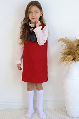 Kız Çocuk Kırmızıı Vanessa Broş Detaylı Tüvit Uzun Kollu Yılbaşı Elbisesi