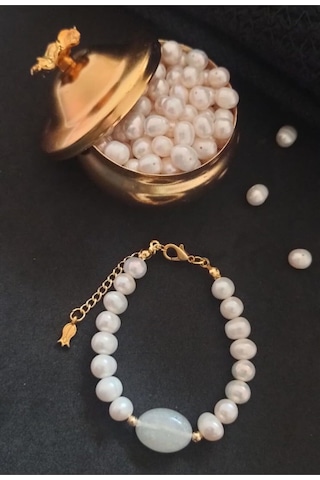 24k Altın Kaplama Gerçek İnci Sedefli Akrilik Detaylı Bileklik Be