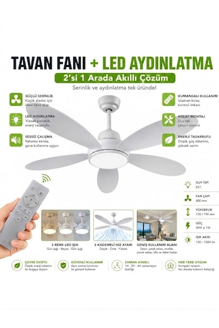 Led Ampullü Tavan Vantilatörü - Uzaktan Kumandalı 3 Renk Tonu Seçimli - Kademe Ve Zaman Ayarlı - E27 Duy