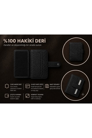 Aldorya %100 Hakiki Deri Erkek Cüzdan Kartlık 8 Kart Gözü, Çıtçıtlı, Nakit Bölmeli, Kompakt Koyu Siyah