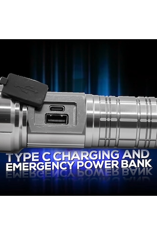 M06 Metal Kasa Uzun Menzil Profesyonel Led Fener 1800 Lümen 5000 Mah Zoom 4 Mod Dijital Ekranlı Usb Şarjlı Fener Powerbank Açık Gri