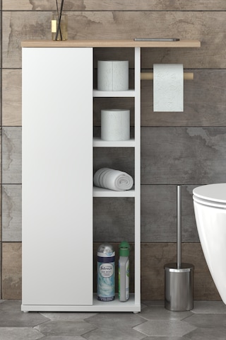 Dar Alanlar İçin Çok Amaçlı Klozet Yanı Banyo Dolabı - Raflı Kapaklı Tuvalet Kağıdı Askılı- Beyaz Ahşap - Beyaz