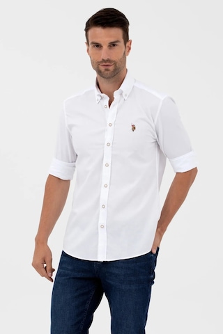 U.S. Polo Assn. Erkek Düğmeli Yaka Slim Fit Uzun Kollu %100 Pamuk Beyaz