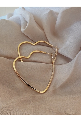 Kalp Model Halka Gold Renk Çelik Küpe 6cm Altın