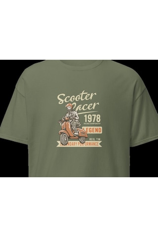 Wildstyle Scooter Racer 1978 Vintage Motosiklet Retro Motor Baskılı Unisex Bisiklet Yaka Pamuklu Tişört - Haki