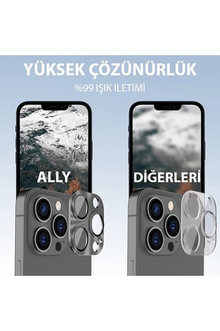 Ally iPhone Uyumlu 15 Pro-15 Pro Max Metal Tempered Kamera Lens Koruyucu- 5775 Gümüş