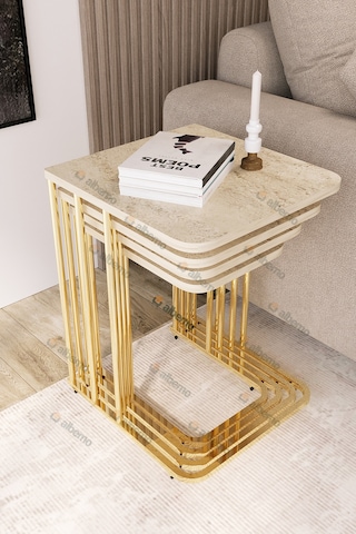 Usta Mekan Orkide Tekerlekli 4 Lü Zigon Sehpa Gold - Traverten Çok Renkli