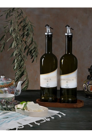 Ahşap Stantlı Amber 2'li 750 ml Zeytinyağı ve Sıvıyağ Yağdanlık Şişesi Ayçiçekyağı,Yağlık ea