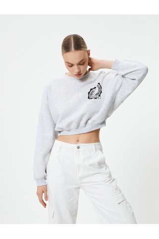 Koton Crop Sweatshirt Bisiklet Yaka Baskılı Gri 4sak10238ek Gri