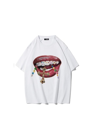 Brz Collectıon Brz Collection Unisex Oversize Grillz Renkli Taş Dudak Desenli T-shirt Beyaz
