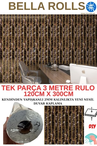 120cmx300cm Tek Parça Yapışkanlı Rulo Gold Çizgili Mermer Desenli Duvar Paneli Kağıdı Beykent Qm0134