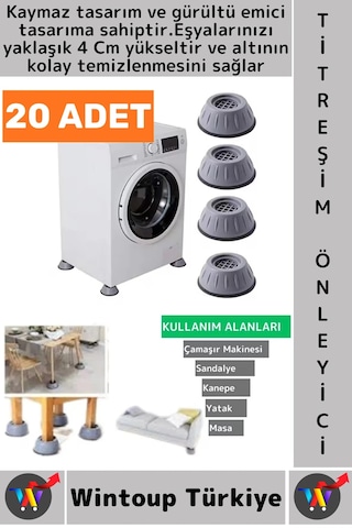 Titreşimönleyici Kaydırmaz Ses Titreşim Önleyici Çamaşır Makinesi Mobilya Sabitleyici Ayak 20 Adet Gri