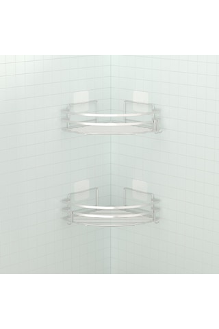 Teknotel Yapışkanlı Kancalı 2 Adet Banyo Köşe Rafı Silver St207H Gümüş
