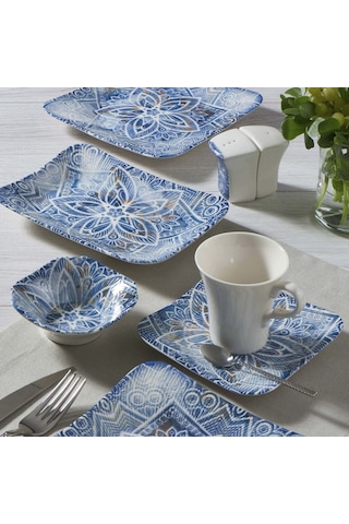 GÜRAL GÜRAL SPİNOZA 36 PARÇA 6 KİŞİLİK KARE BONE KAHVALTI TAKIMI - 1006 Beyaz - Mavi