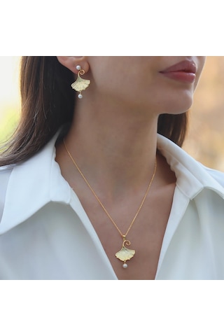 İstiridye İncili Sarkıt Gold Gümüş Set Gümüş