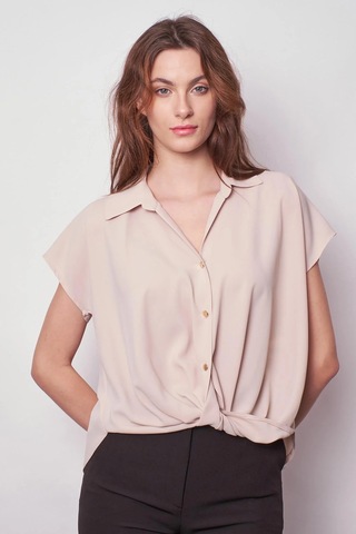Likrasız Şık Kumaş Yakalı Düşük Omuzlu Önü Pileli Gömlek-bej Bej