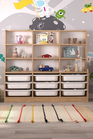 Bofigo 9 Sepetli 9 Raflı Dolap Çok Amaçlı Dolap Oyuncak Dolabı Almina Safir Meşe Açık Kahverengi