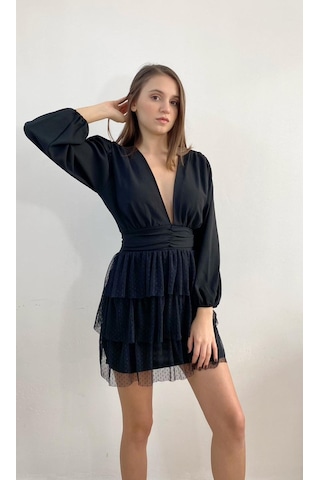 Mois Atelier Fırfırlı Siyah Büzgülü Mini Elbise Büyük Beden Siyah