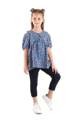 Ahengim Kız Çocuk Takım Vizkon Bluzlu Taytlı Alt Üst Takım Pamuklu Ak2521 İndigo