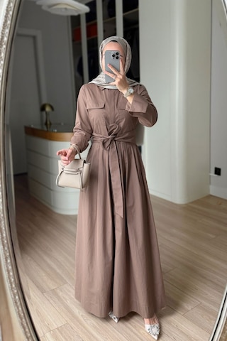 Kahijab Düğmeli Pile Detay Poplin Elbise - Kahverengi