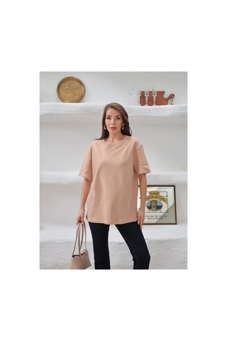 Paw Garage Kadın Mia İnterlok Kumaş Bisiklet Yaka Oversize T-shirt Somon