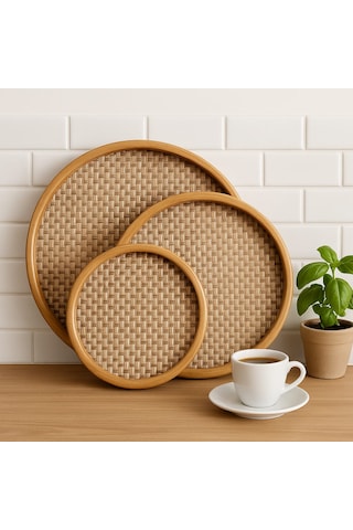 Dekorasyaa Yuvarlak Bambu Tepsi 3'lü Set - 25x30x35 Bambu
