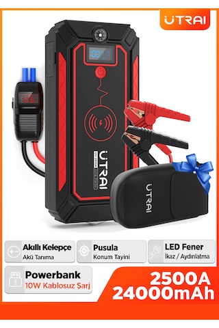 Utrai Jstar 4 24000mAh 2500A Jump Starter Taşınabilir Akü Takviye Cihazı (Kablosuz Şarj + Pusula + Çanta + Led Lamba + Powerbank)