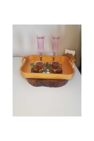 El Boyaması Kaktüs Desenli Altın Tepsi Altın