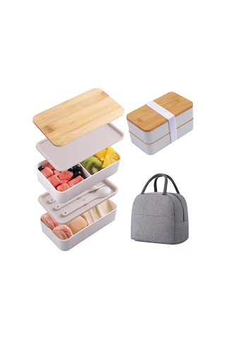 Maiyame Bambu Kapaklı Mikrodalgaya Uygun Pratik Çift Katlı Yemek Kabı - Taşınabilir Öğle Yemeği Seti İle Birlikte Beyaz