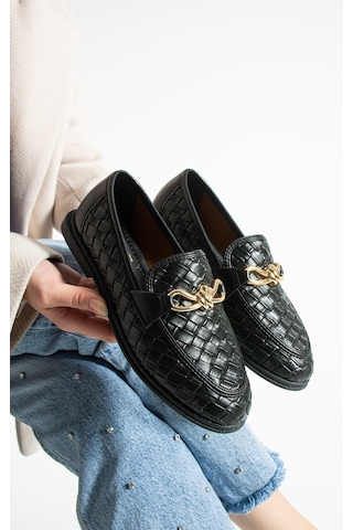 Lebibe Shoes Maby Kadın Siyah Örgü Dokulu Zincir Detaylı Loafer Düz Ayakkabı Babet