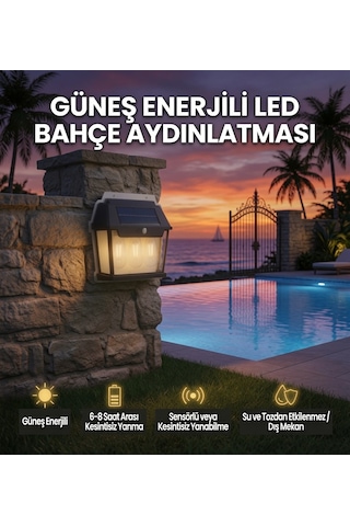 Güneş Enerjili Sensörlü Led Bahçe Duvar Apliği 3 Ampullü Solar Dış Mekan Aydınlatma Suya Dayanıklı