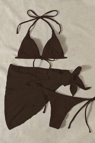 Angelsin Pareolu Bağlamalı 3'lü Bikini Takım Set Çıkartılabilir Kaplı Siyah
