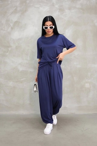 Defymoda Osy Modal Yumuşak Dokulu Kumaş Oversize Bisiklet Yaka T-shirt Jogger Eşofman Altı Eşofman Takımı Lacivert