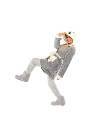 Zeynep Tekstil Penguen Nakışlı Kapşonlu Wellsoft Bornoz 153-99-1078 Gri