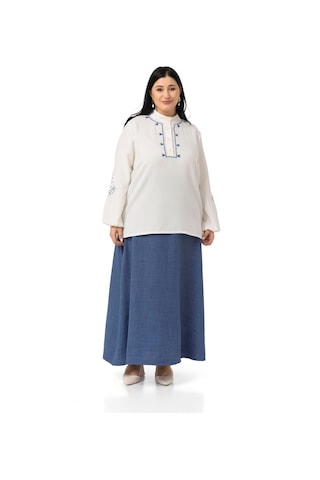 Büyük Beden Nakış Detaylı Bluz Etek İndigo İkili Takım İndigo