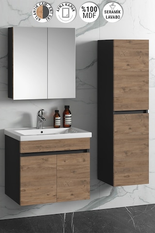 Çiğdem 65+35 Cm Antrasit Gri Mat-Atlantik Çam Mdf Seramik Lavabo Antrasit - Atlantik Çam