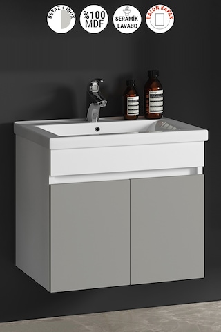 Çiğdem 80 Cm Beyaz-inox Balon Mdf Seramik Lavabolu Asma Banyo Alt Dolabı Beyaz - Inox