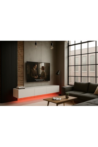 Mac Dizayn Knidos Tv Ünitesi 240 Cm 3 Kapaklı, Mat Beyaz, Led Aydınlatmalı Mat Beyaz