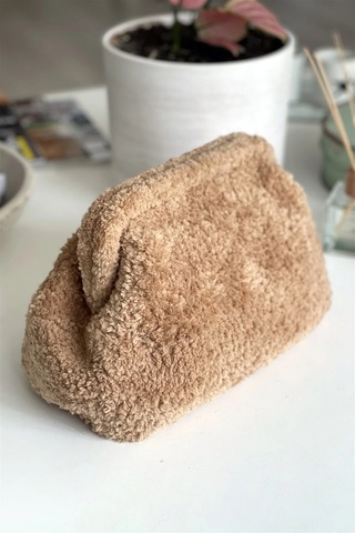 El Yapımı Taba Rengi Teddy Yün Örgü El Çantası Taba