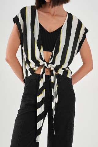 Alexandergardı Önü Bağlamalı Desenli Bluz Siyah - Beyaz