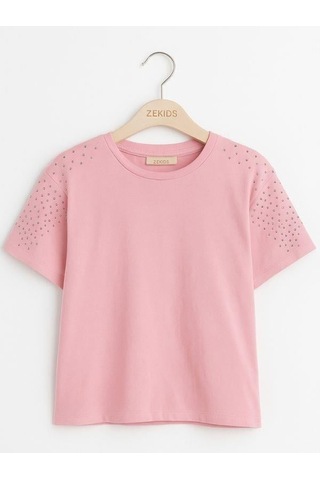 Kız Çocuk Taş İşlemeli Pamuklu T-shirt-15981 Pembe