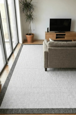 Hoom Rugs Lora 3203 Antrasit Çerçeveli Çizgili Pamuk Taban Hav Toz Vermez Sisal Halı