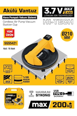 Sgs5421 - 200 Kg Akülü Vakumlu Seramik Ahşap Cam Taşıma Vantuzu 3.7 Volt 2.4 Amper