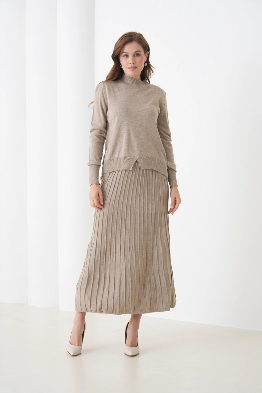 Kadın Pileli Etek Kazağı V Tasarım Tesettüre Uygun Örgü Triko Etek Kazak Takım Vizon