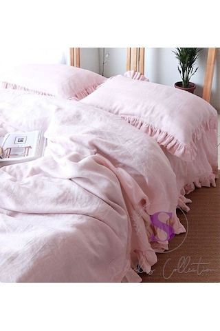 % 100 Pamuk Pembe Fırfırlı Keten Çift Kişilik Nevresim Takımı 200 X220 Pembe