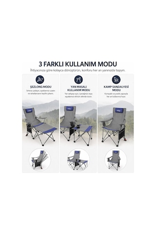 2 Adet Şezlong Kamp Sandalyesi Ve Masa Seti - Plaj Seti - Lounge Elevate - Mavi Çok Renkli