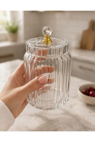 Morponi 3'lü Borosilikat Cam Optik Çizgili Kristal Gold Kapaklı Kavanoz Seti 630 Ml Şeffaf
