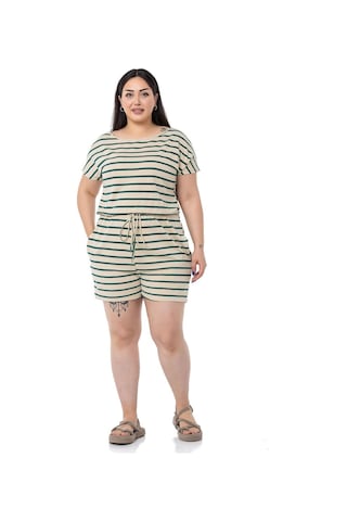 Büyük Beden Düşük Kollu Beli Lastikli Cepli Zümrüt Çizgili Şort Tulum-zümrüt Zümrüt Yeşili