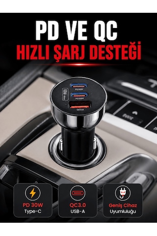 3 Portlu Araç İçi Şarj Adaptörü Çift Pd Type-c Ve Qc3.0 Usb Çıkış